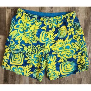 Hobie Swim Trunks Mens XL Blue Yellow Floral Tropical Mesh Lined Board Shorts